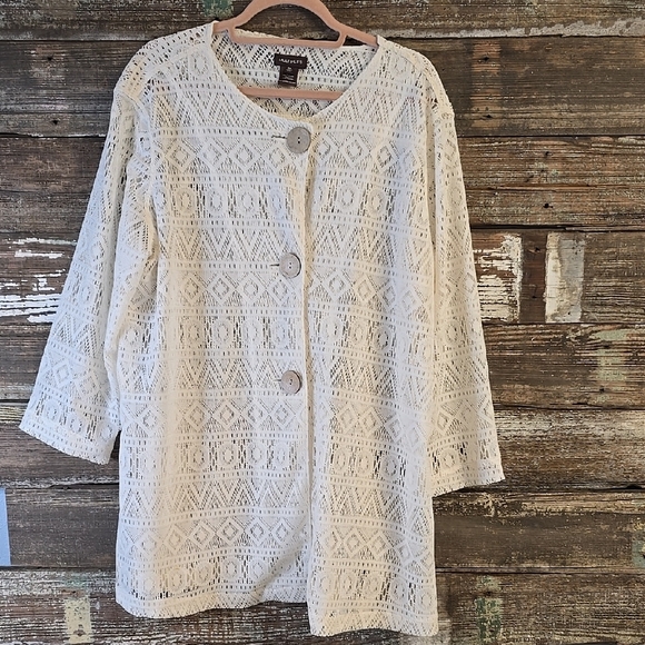 Multiples Cream Lace Button-Up Cardigan, Plus Size 0X - Picture 1 of 3